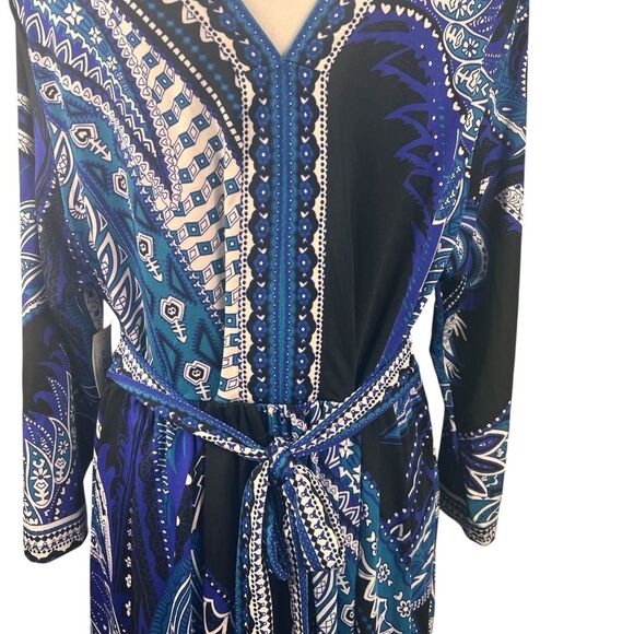 New ECI Blue Black Dress XXL Stretch V Neck Tie Back Office Date Night Church - Picture 3 of 11